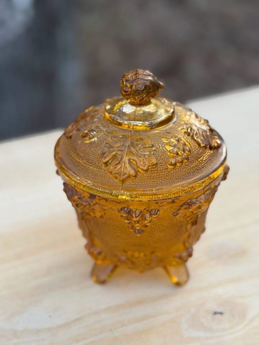 Jeannette Glass Company Amber footed candy dish with a lid